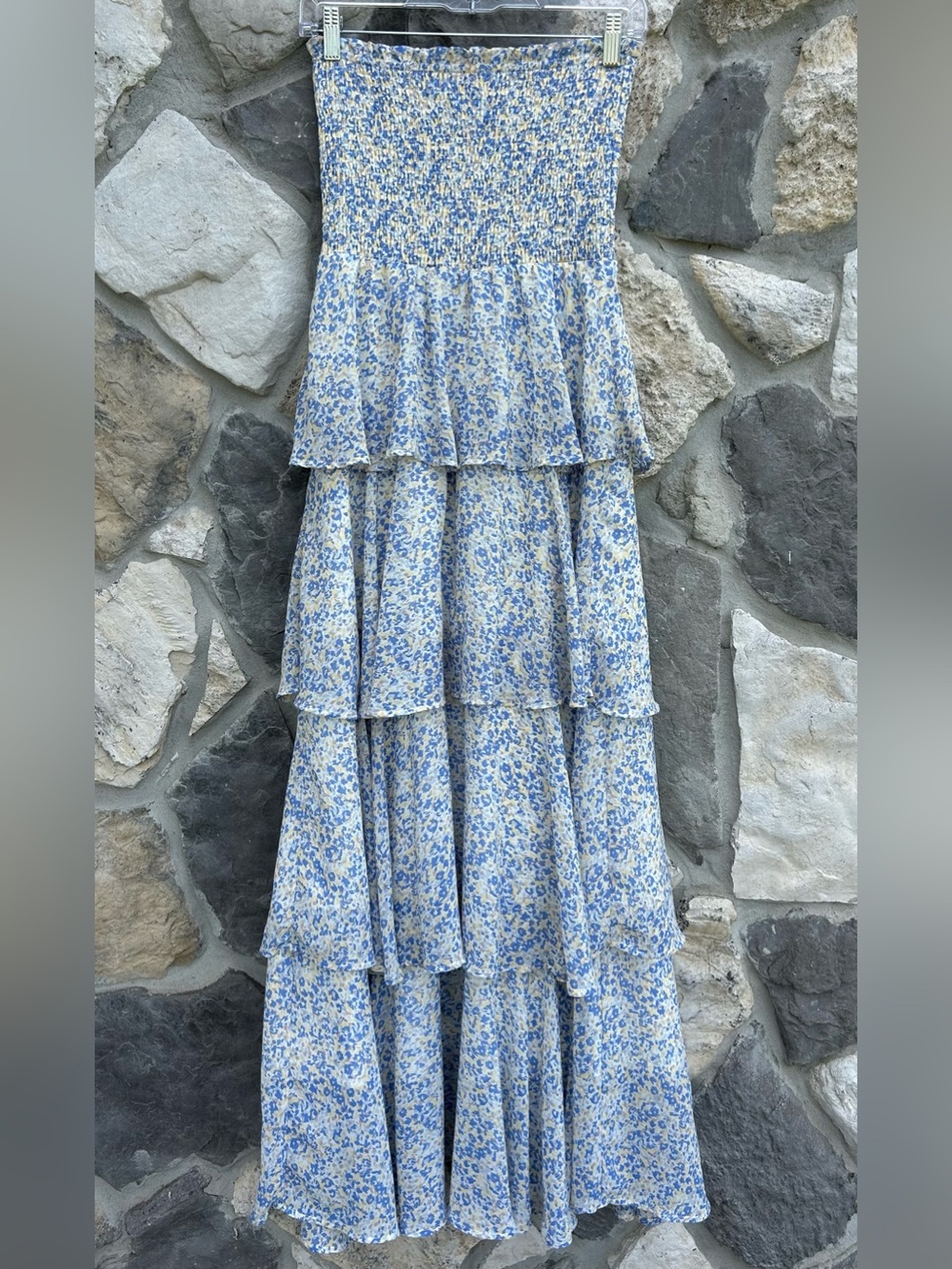 Entro Strapless Maxi Dress Size S Ditsy Floral Ruffle Tiered Smocked Cottagecore